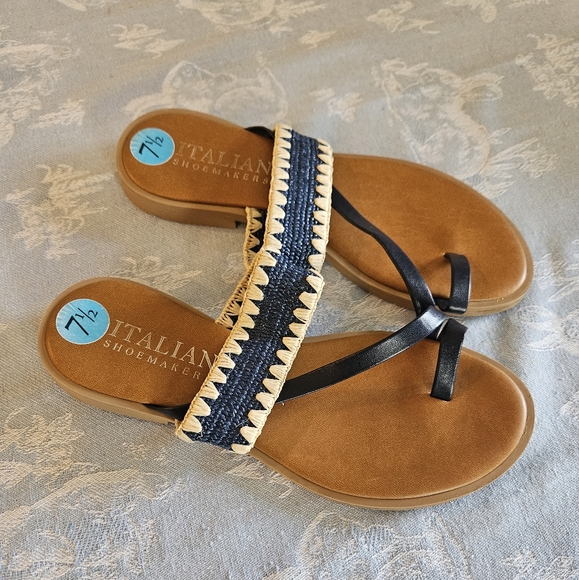Shoes - Italian Shoemaker Sandals, Navy, Cream & Brown Size 7.5
